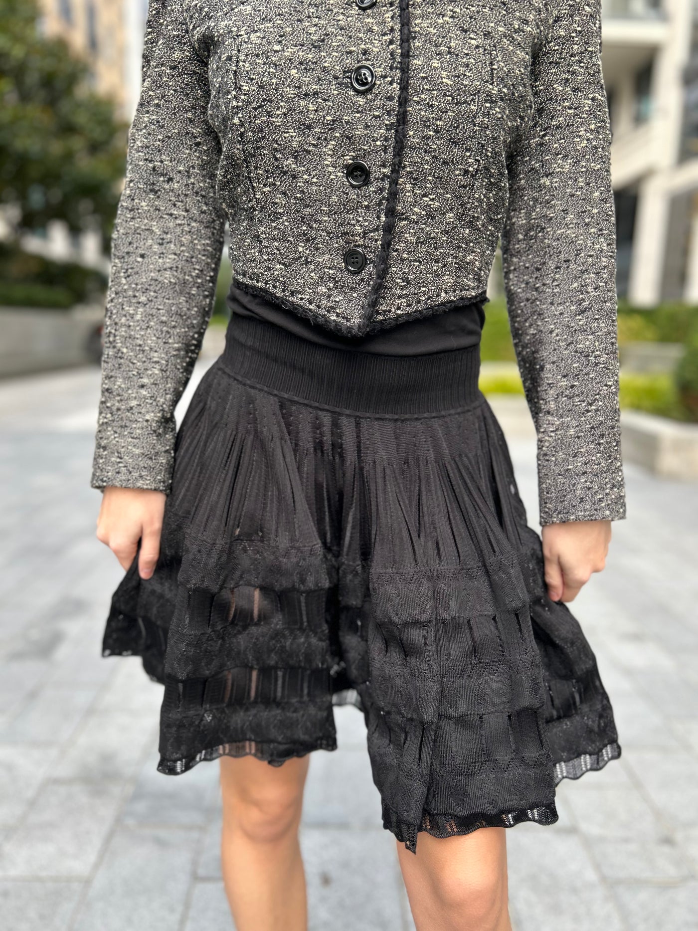 AZZEDINE ALAIA ruffled crochet knit black skirt size 36 RRP: £1410