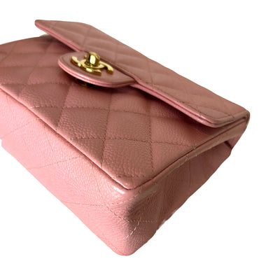 CHANEL rare mini square pink caviar with gold hardware collector piece