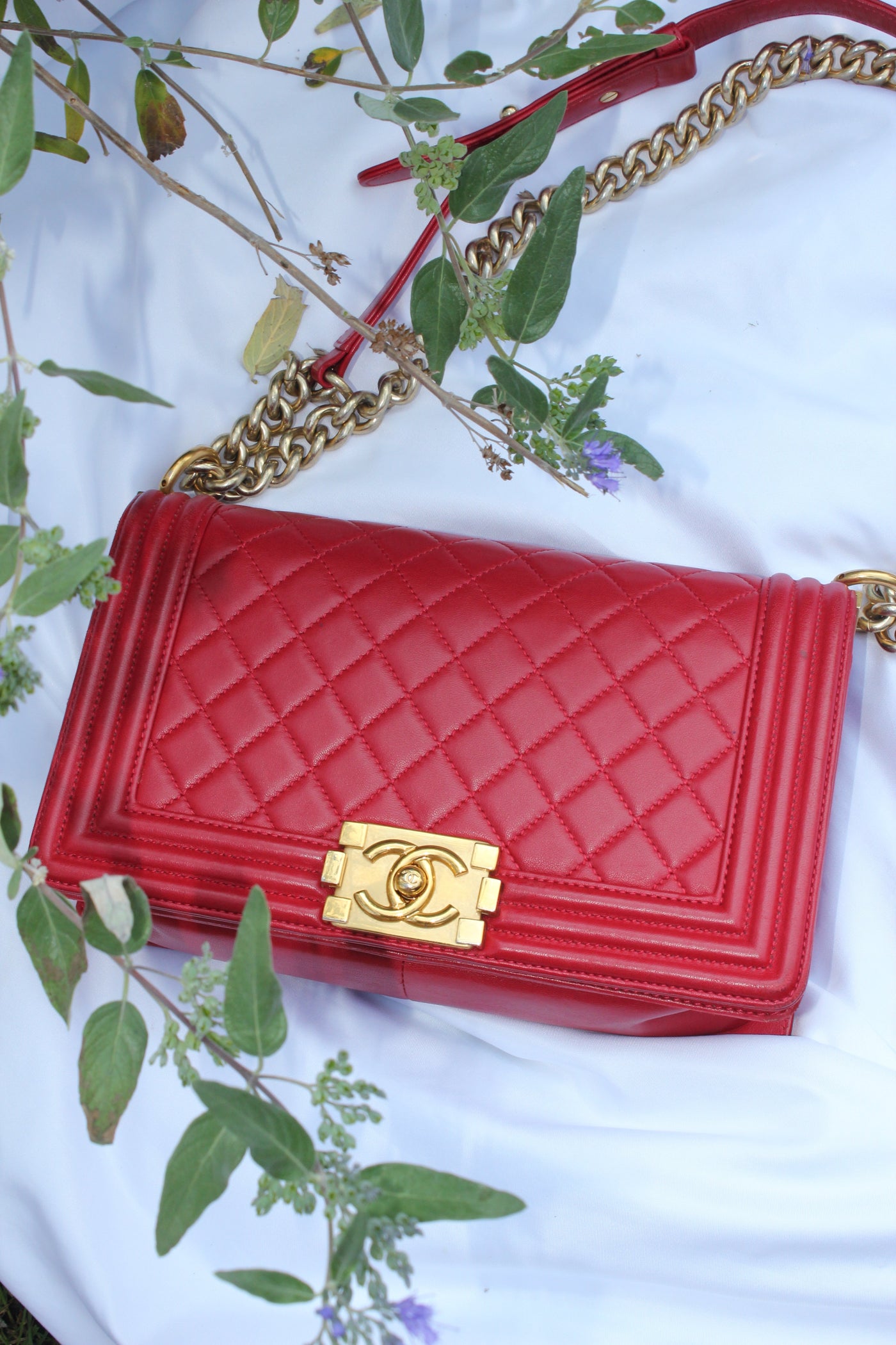 CHANEL red medium boy handbag with gold hardware