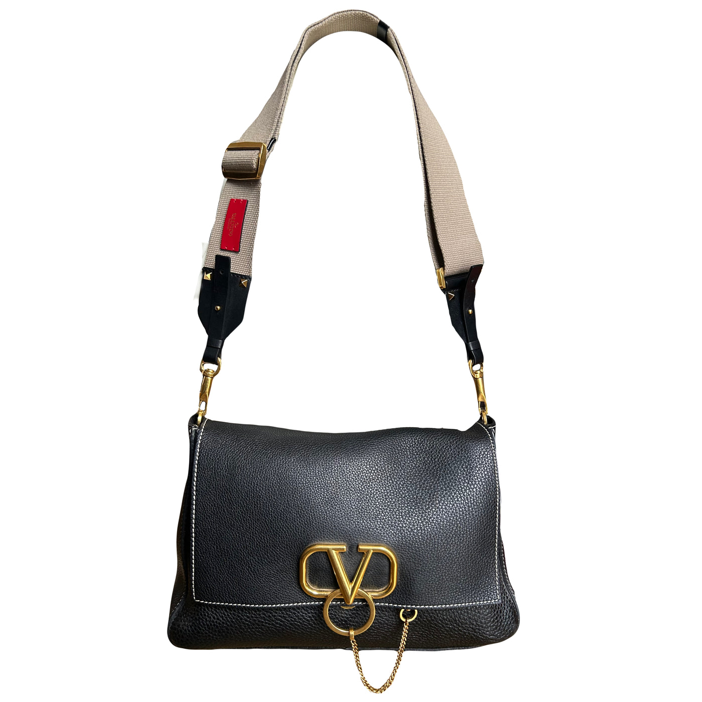 VALENTINO grain leather and canvas strap gold V signature bag