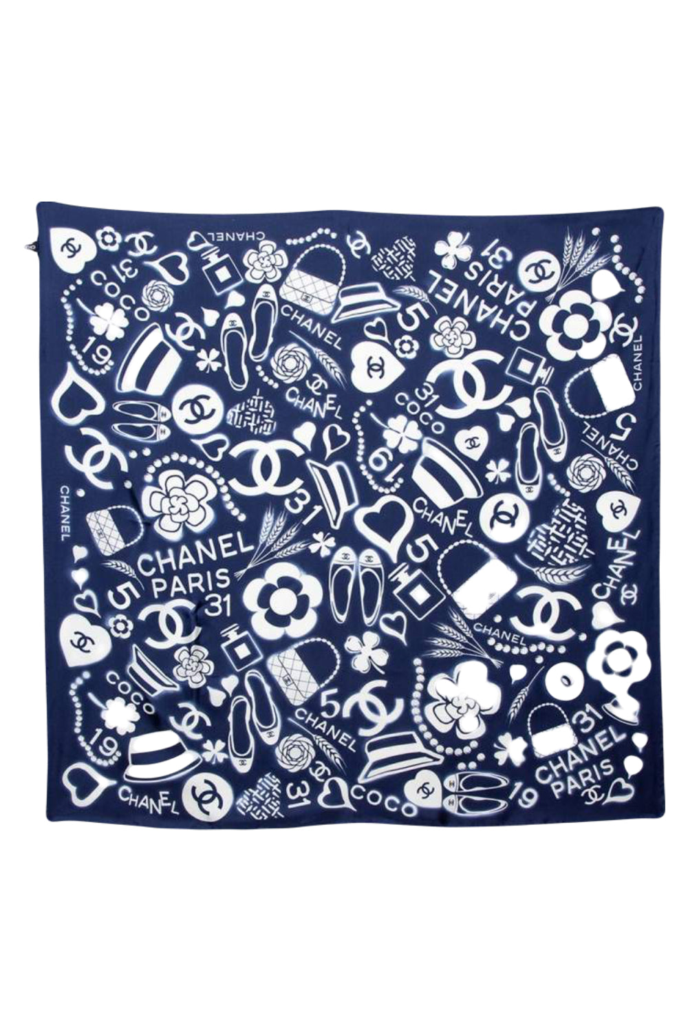 CHANEL multi icon blue silk scarf