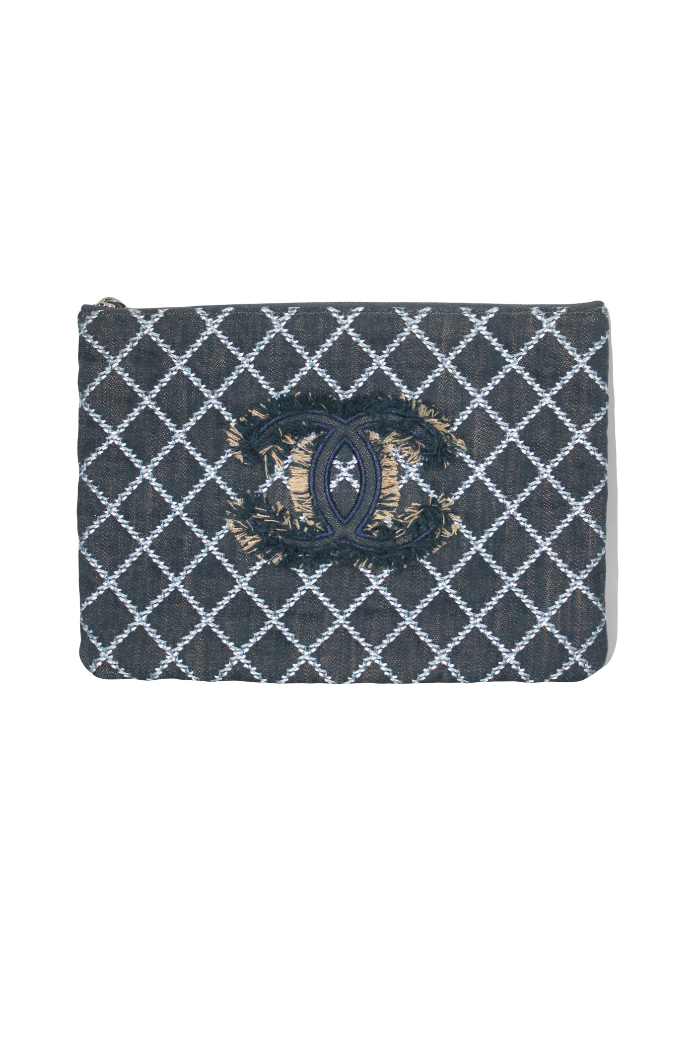 CHANEL blue denim zipper pouch with padded nylon interior