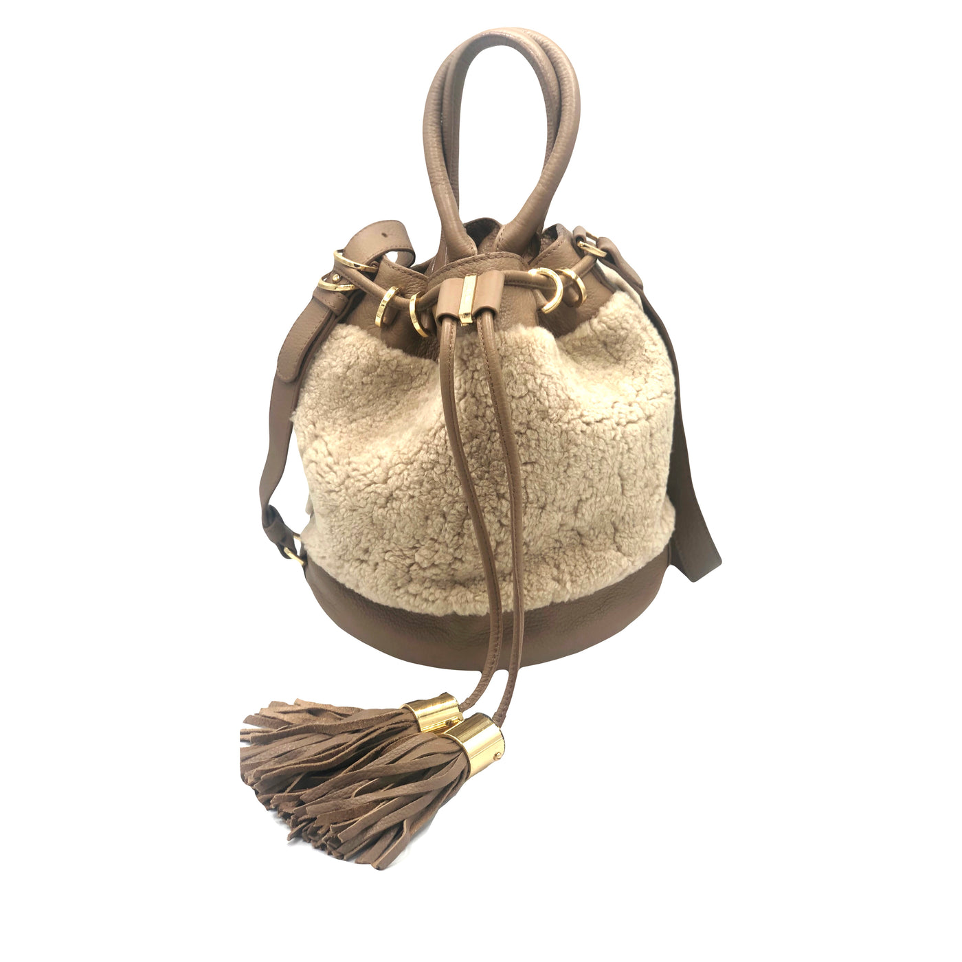 SEE  BY CHLOE shearling taupe leather handbag with tassel and long strap