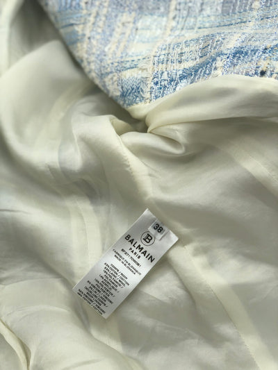 BALMAIN baby blue white tweed embellished blazer size 38 RRP: £2500