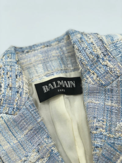 BALMAIN baby blue white tweed embellished blazer size 38 RRP: £2500
