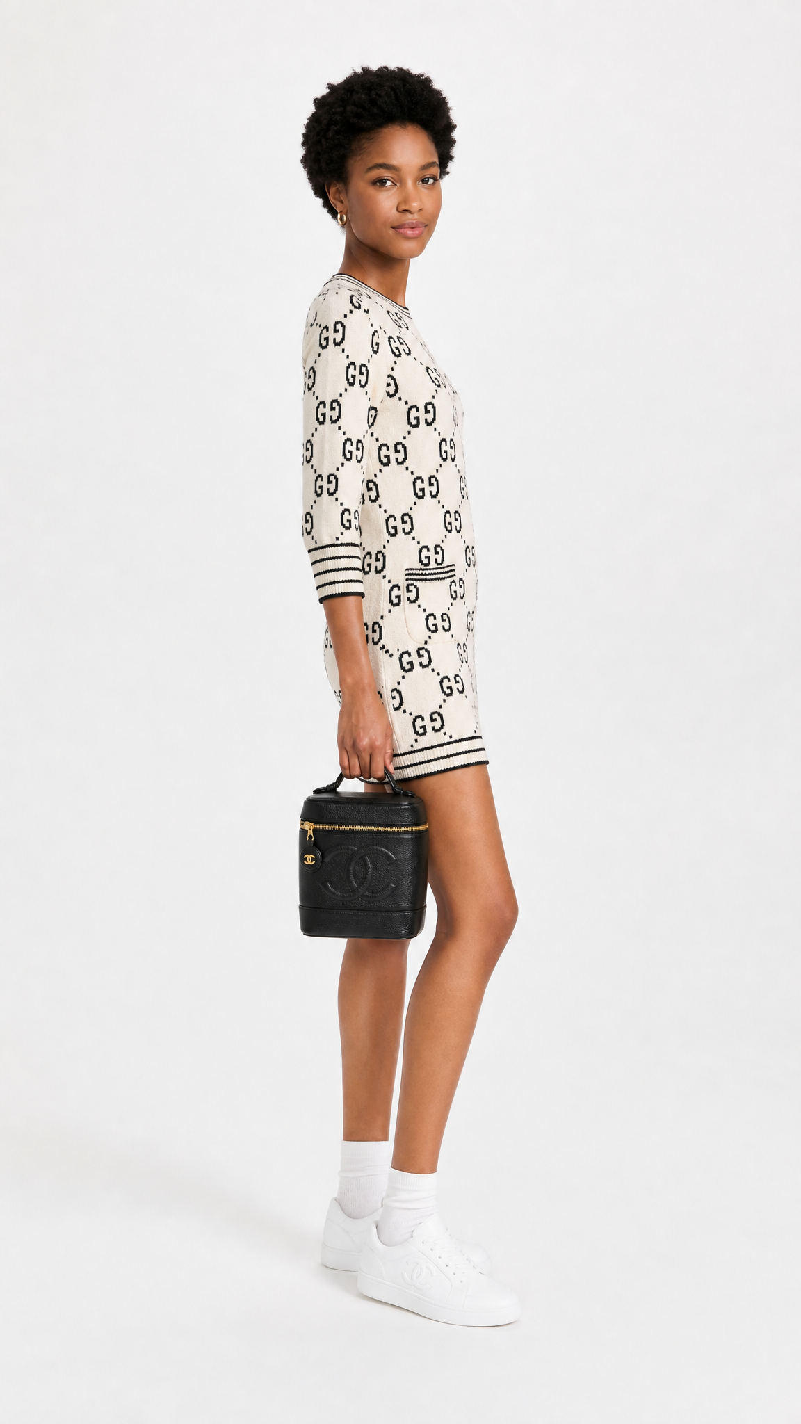 GUCCI Spring /Summer 2022 Cream Cotton Knit GG Jaquard Logo Dress