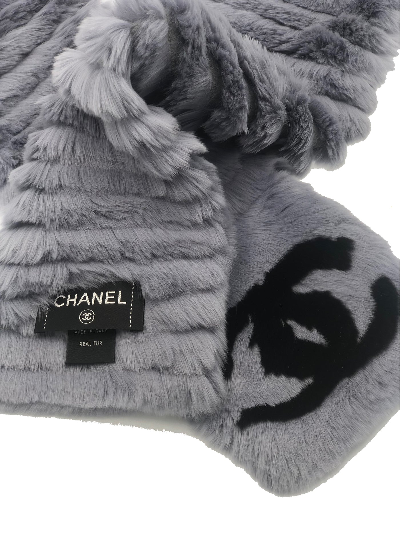 CHANEL grey fur scarf with box