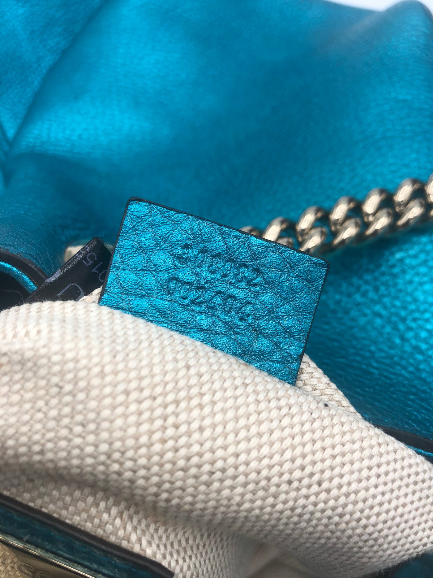GUCCI Large Soho Metallic Blue Tassel Chain Handbag