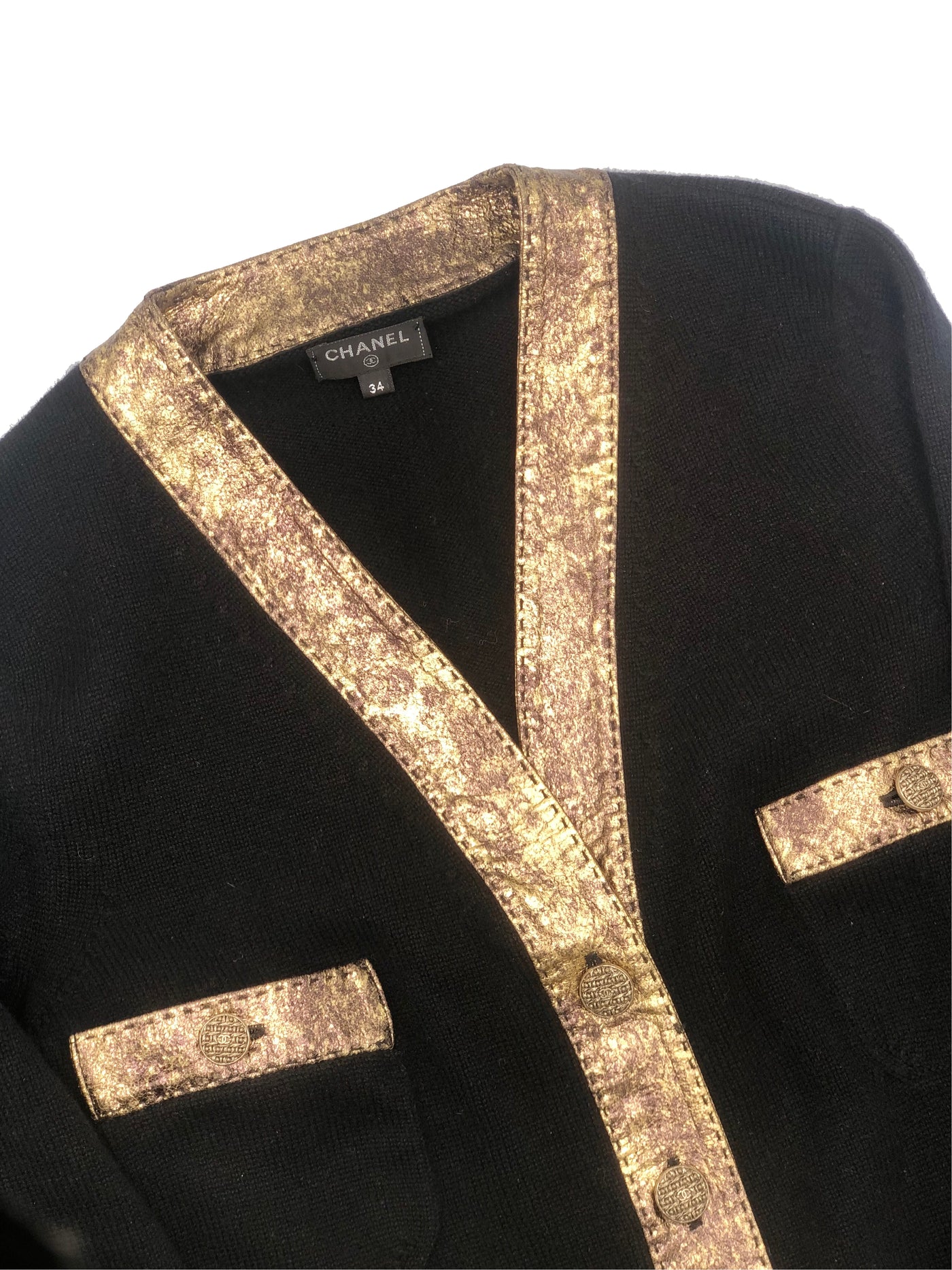 CHANEL Cashmere Cardigan Jacket with gold trim size 34