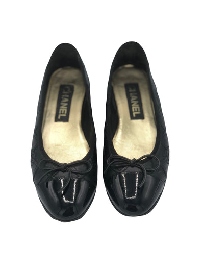 CHANEL Ballet Flat Quilted CC leather and patent cap toe size 37.5 with box RRP: £820