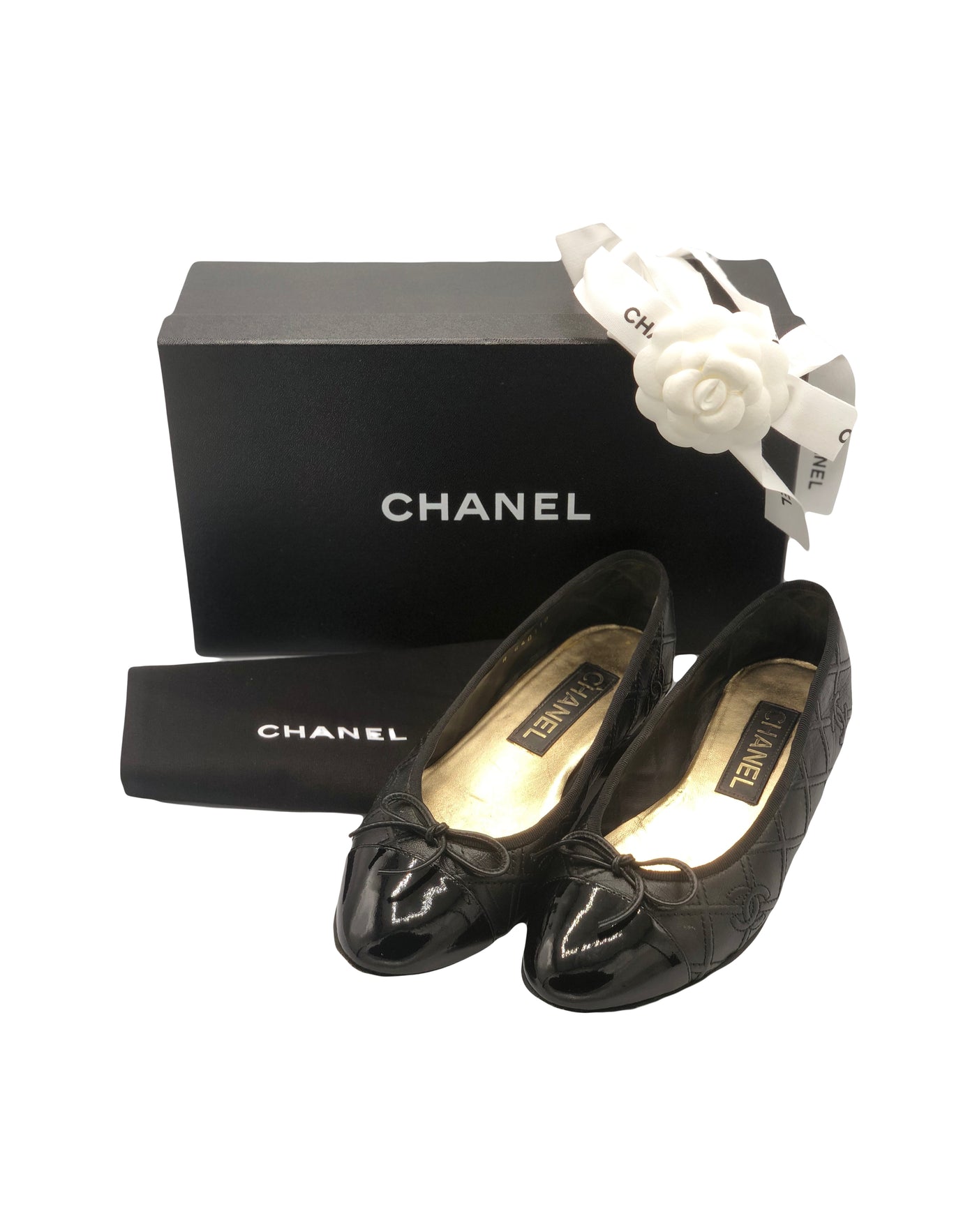 CHANEL Ballet Flat Quilted CC leather and patent cap toe size 37.5 with box RRP: £820