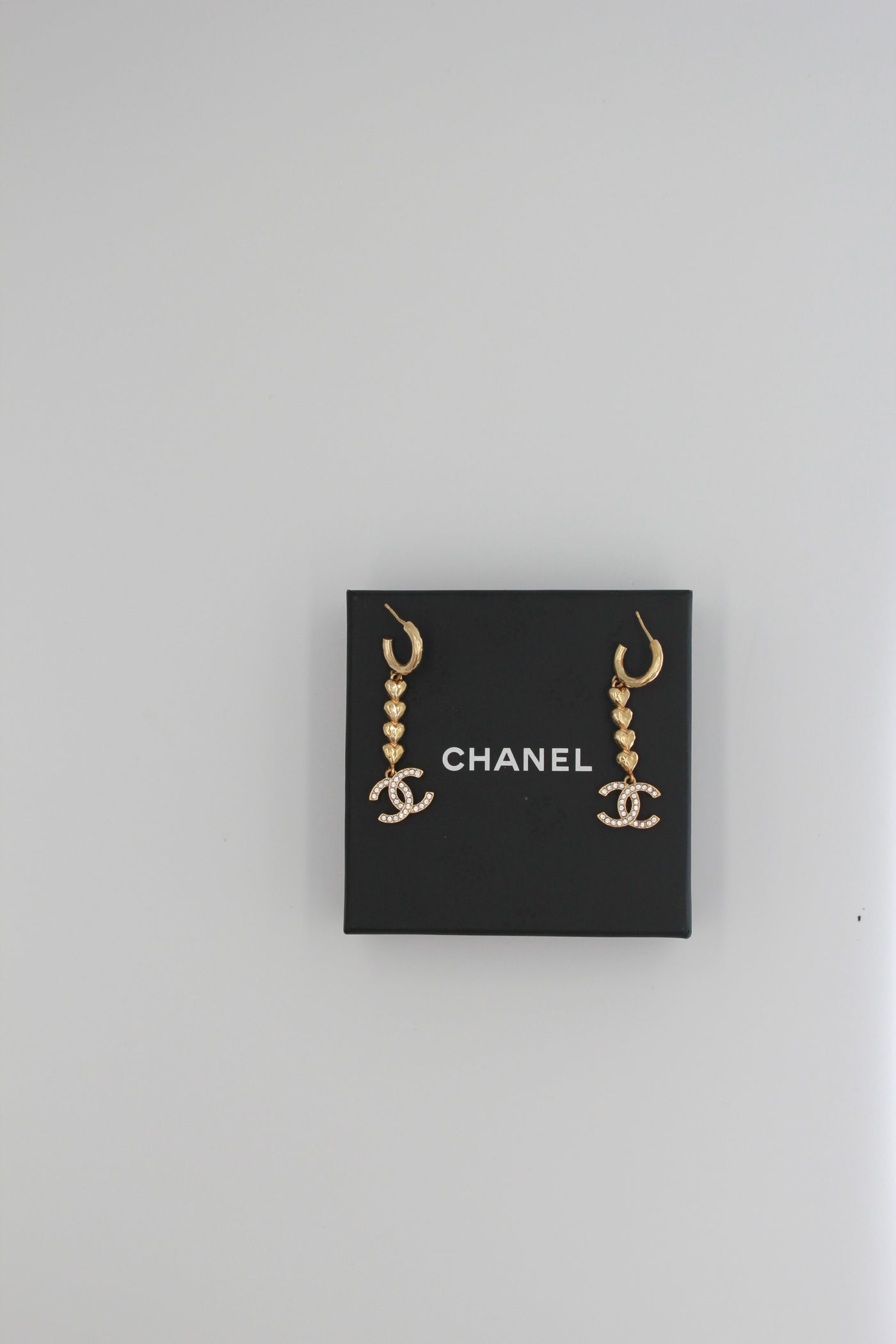 CHANEL gold heart drop earrings with cc crystals with box