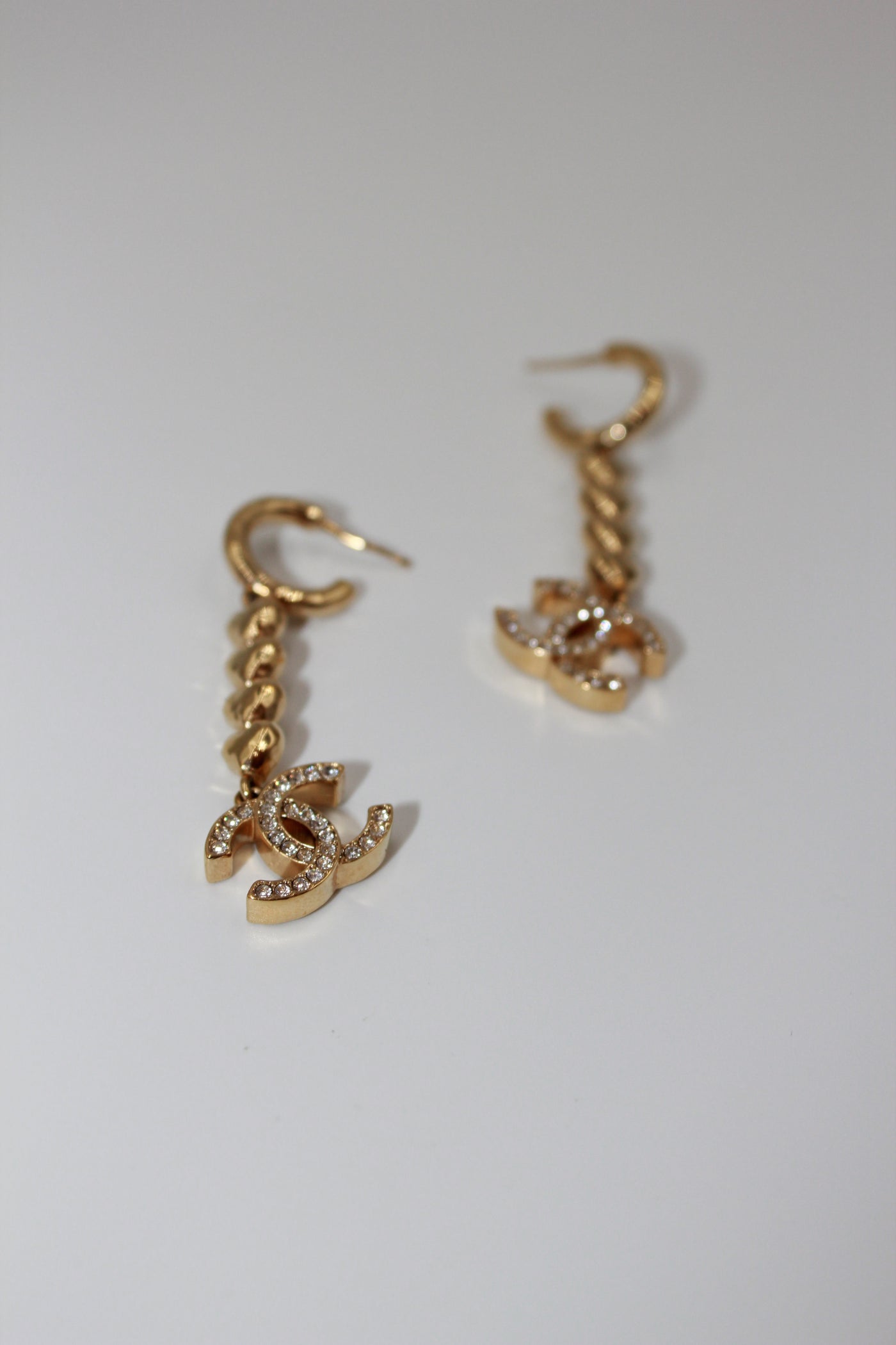 CHANEL gold heart drop earrings with cc crystals with box