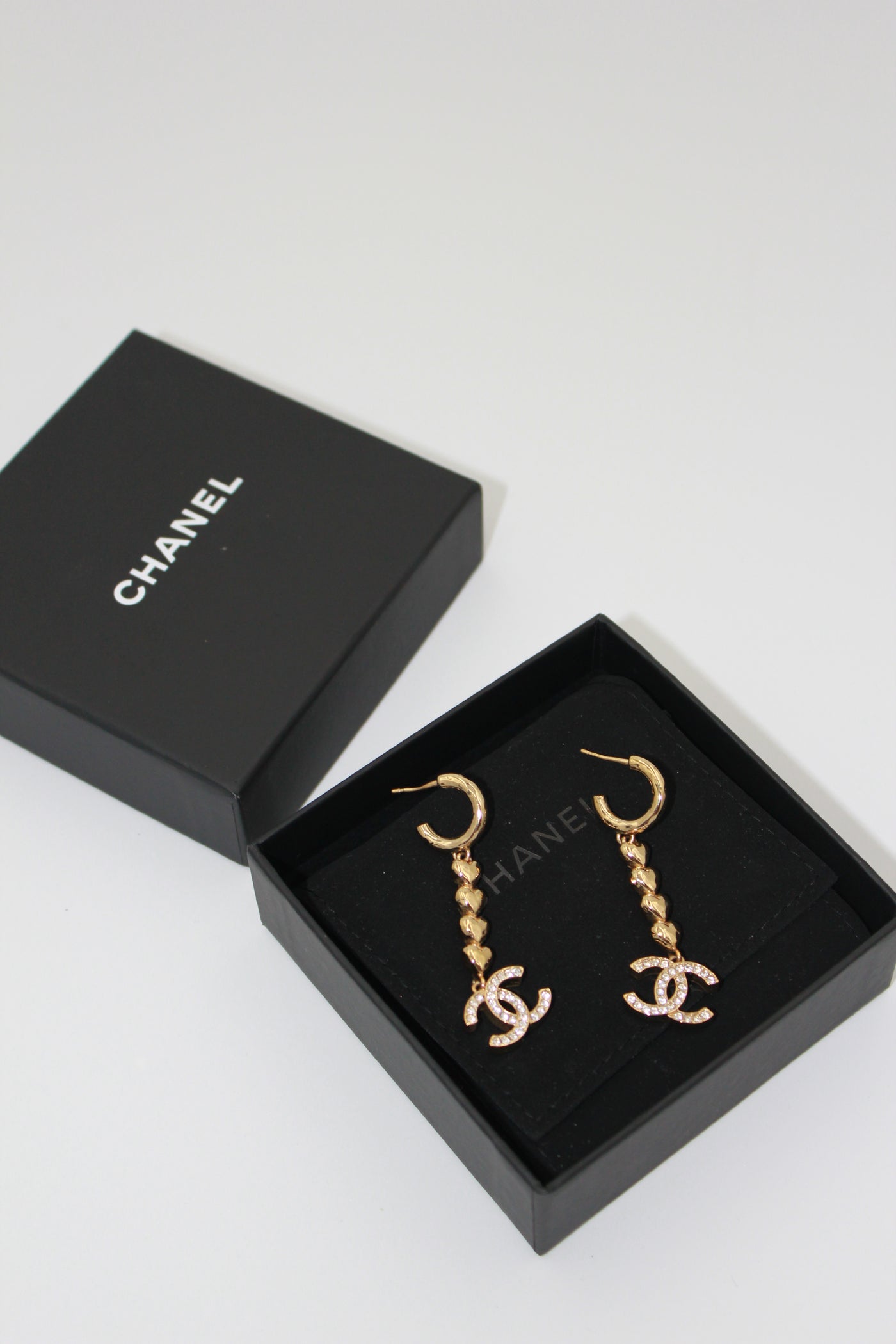 CHANEL gold heart drop earrings with cc crystals with box