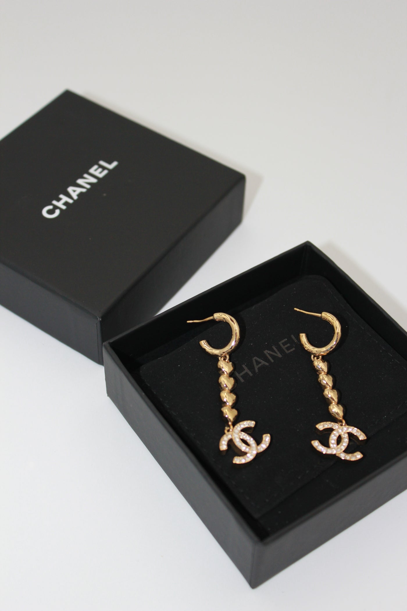 CHANEL gold heart drop earrings with cc crystals with box