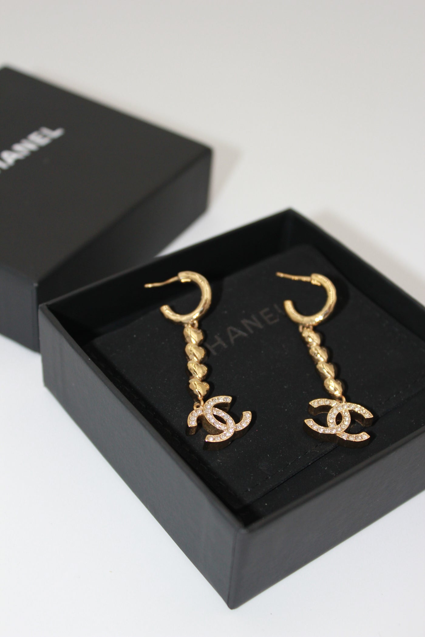 CHANEL gold heart drop earrings with cc crystals with box