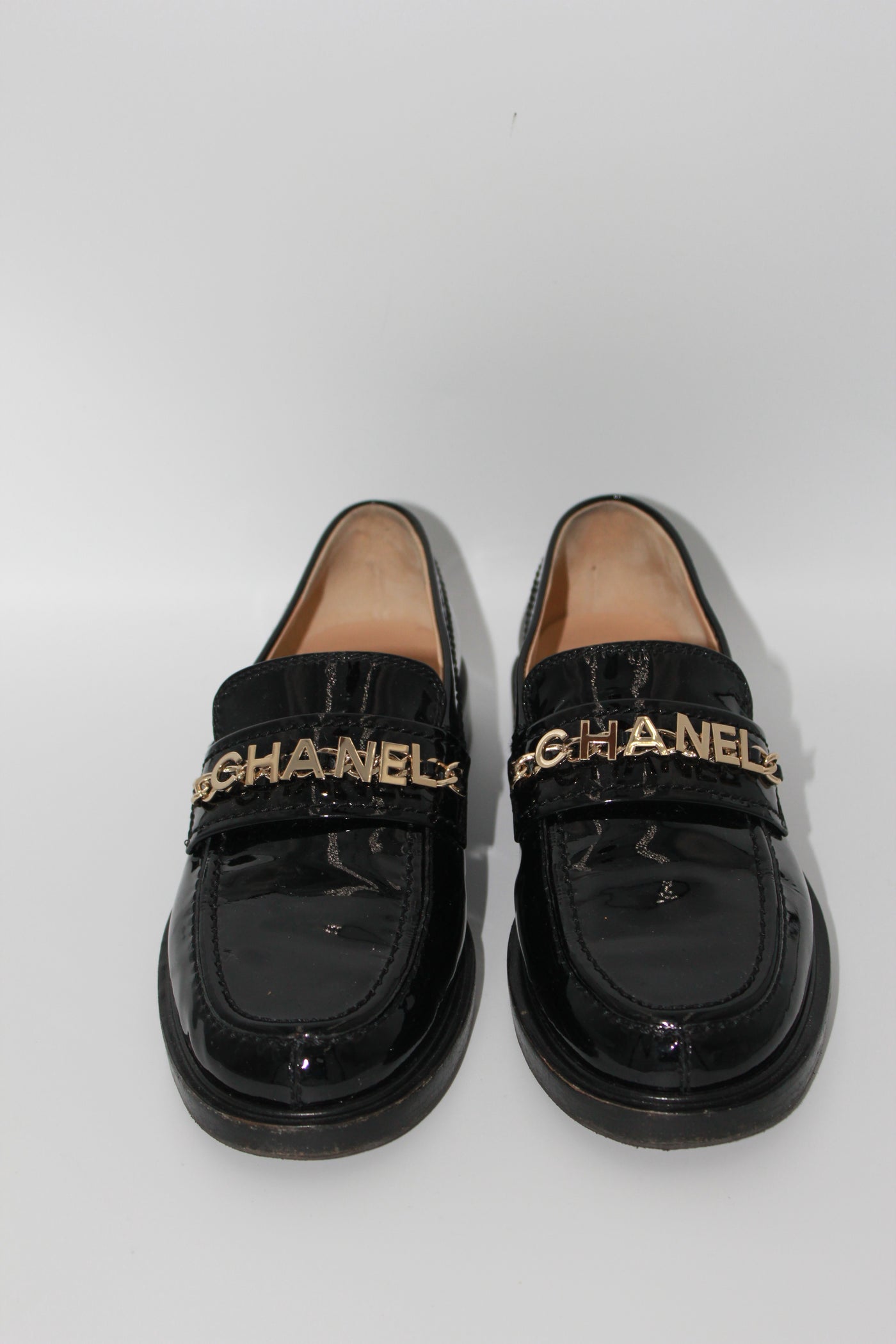 CHANEL patent loafers chain lettering size 36