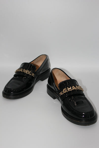 CHANEL patent loafers chain lettering size 36