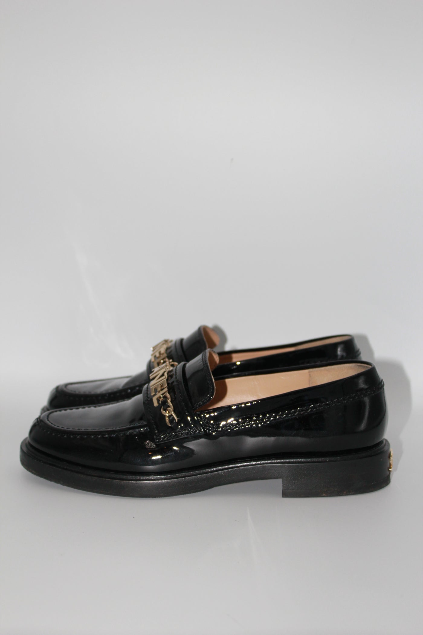 CHANEL patent loafers chain lettering size 36