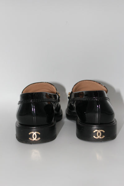 CHANEL patent loafers chain lettering size 36