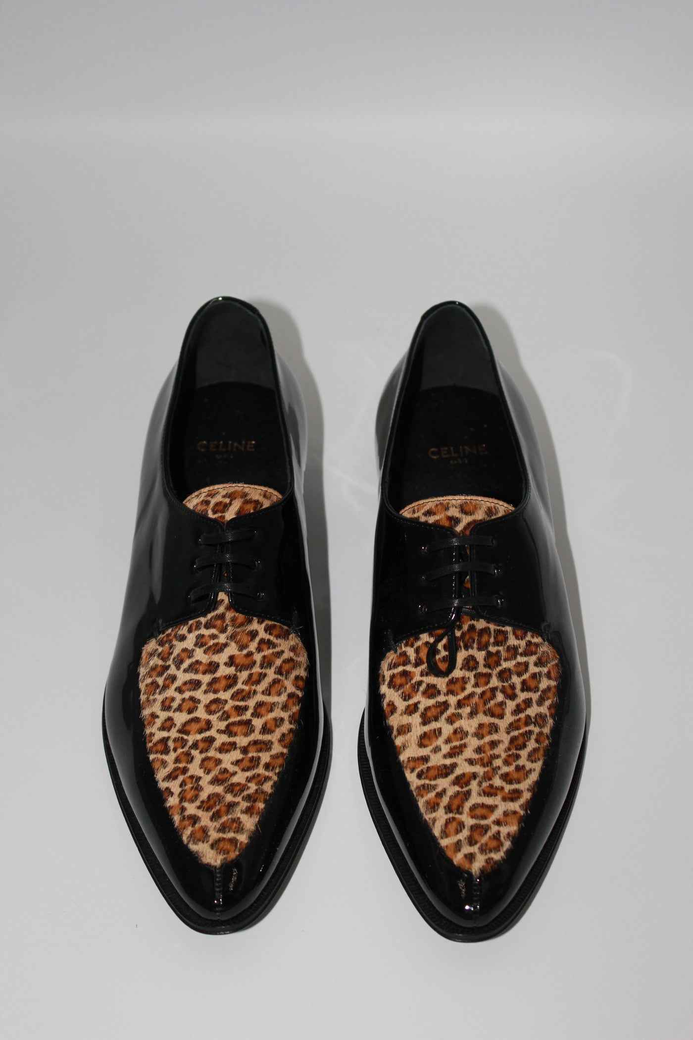 CELINE Patent leather and Leopard ponyskin brogues size 37.5