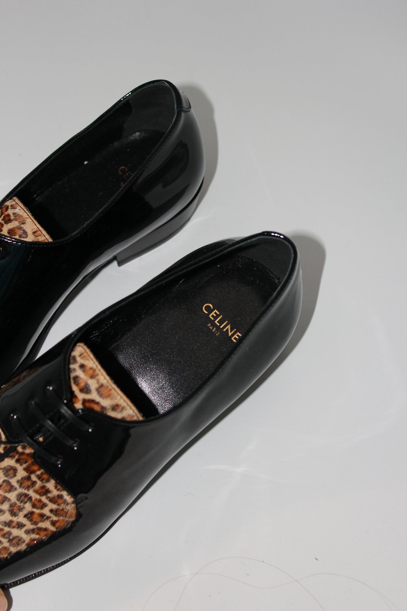 CELINE Patent leather and Leopard ponyskin brogues size 37.5