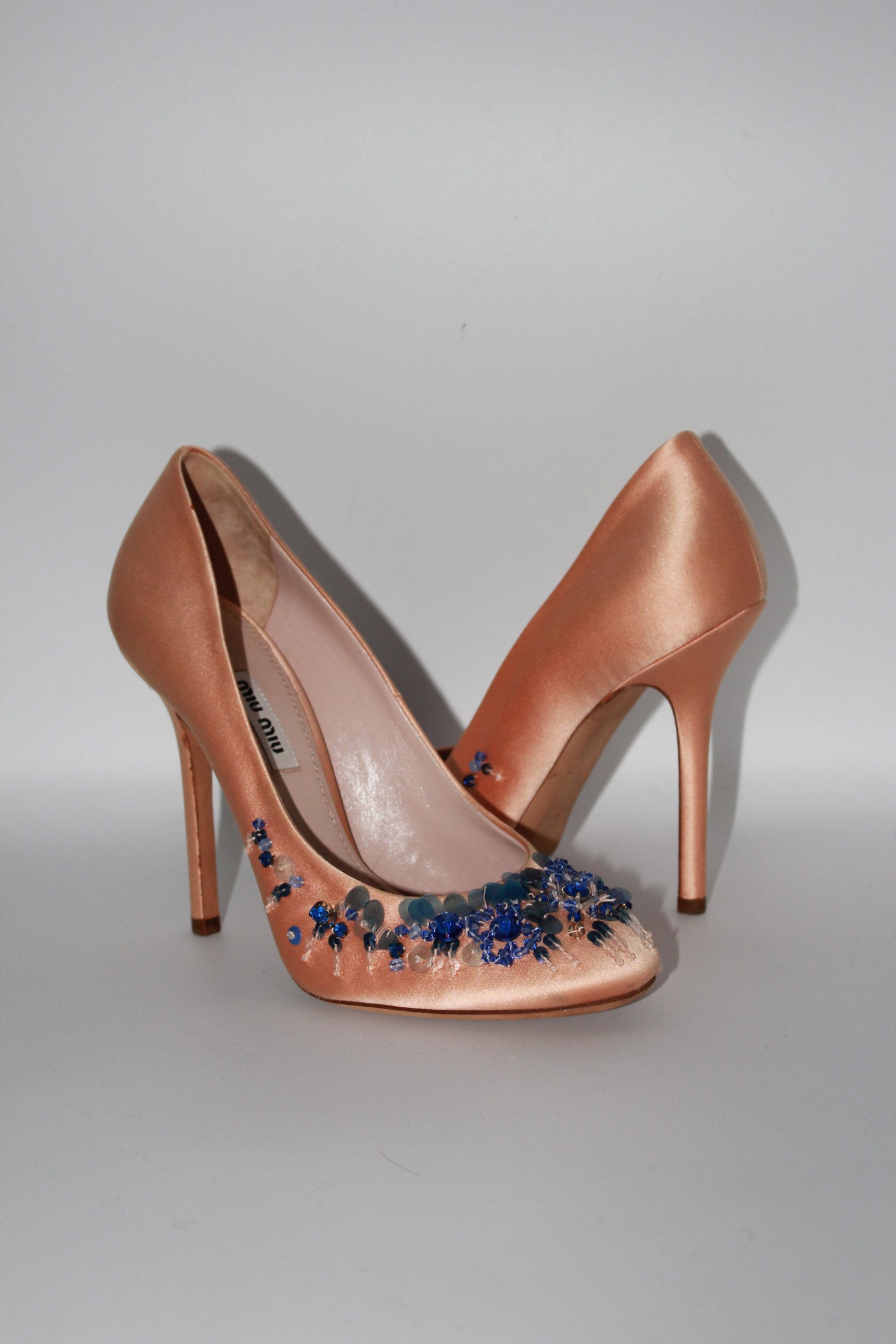 MIU MIU pink satin heels with blue beads size 38