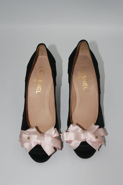 CHANEL black satin with pink bow heels size 38