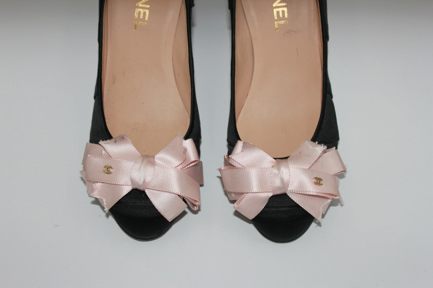 CHANEL black satin with pink bow heels size 38