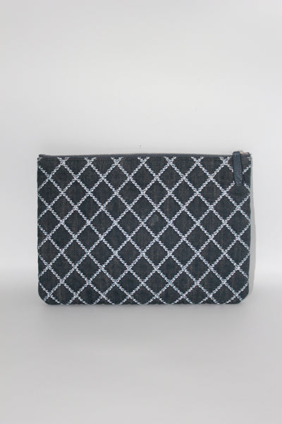 CHANEL blue denim zipper pouch with padded nylon interior