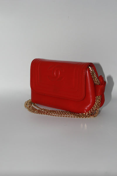 CHANEL red leather mini flap shoulder bag vintage 1986-1988