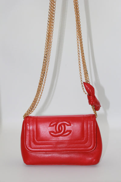 CHANEL red leather mini flap shoulder bag vintage 1986-1988