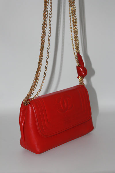 CHANEL red leather mini flap shoulder bag vintage 1986-1988