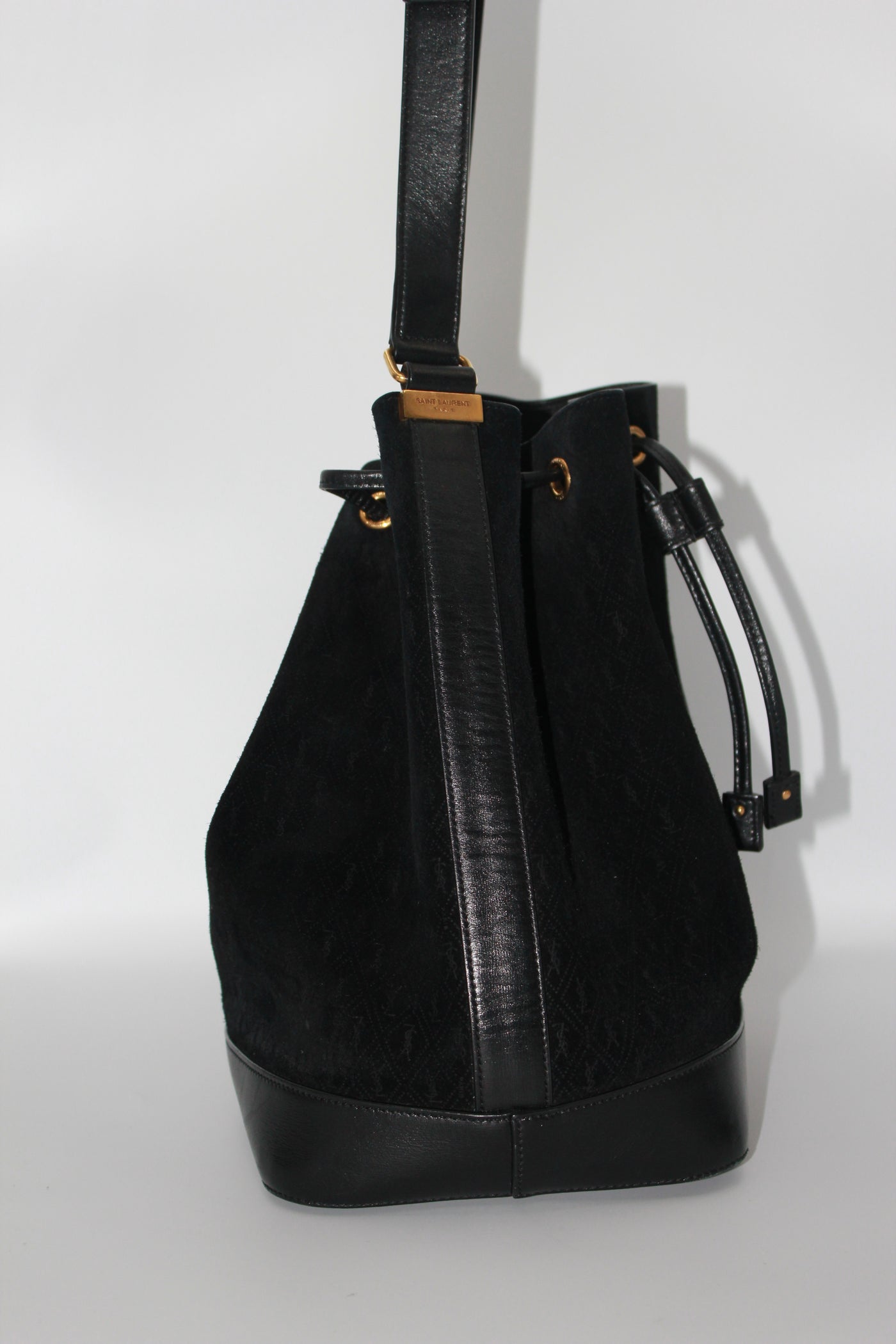 SAINT LAURENT suede monogram bucket bag