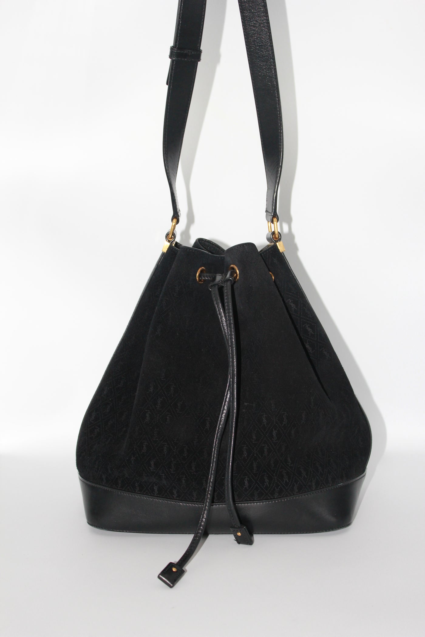 SAINT LAURENT suede monogram bucket bag