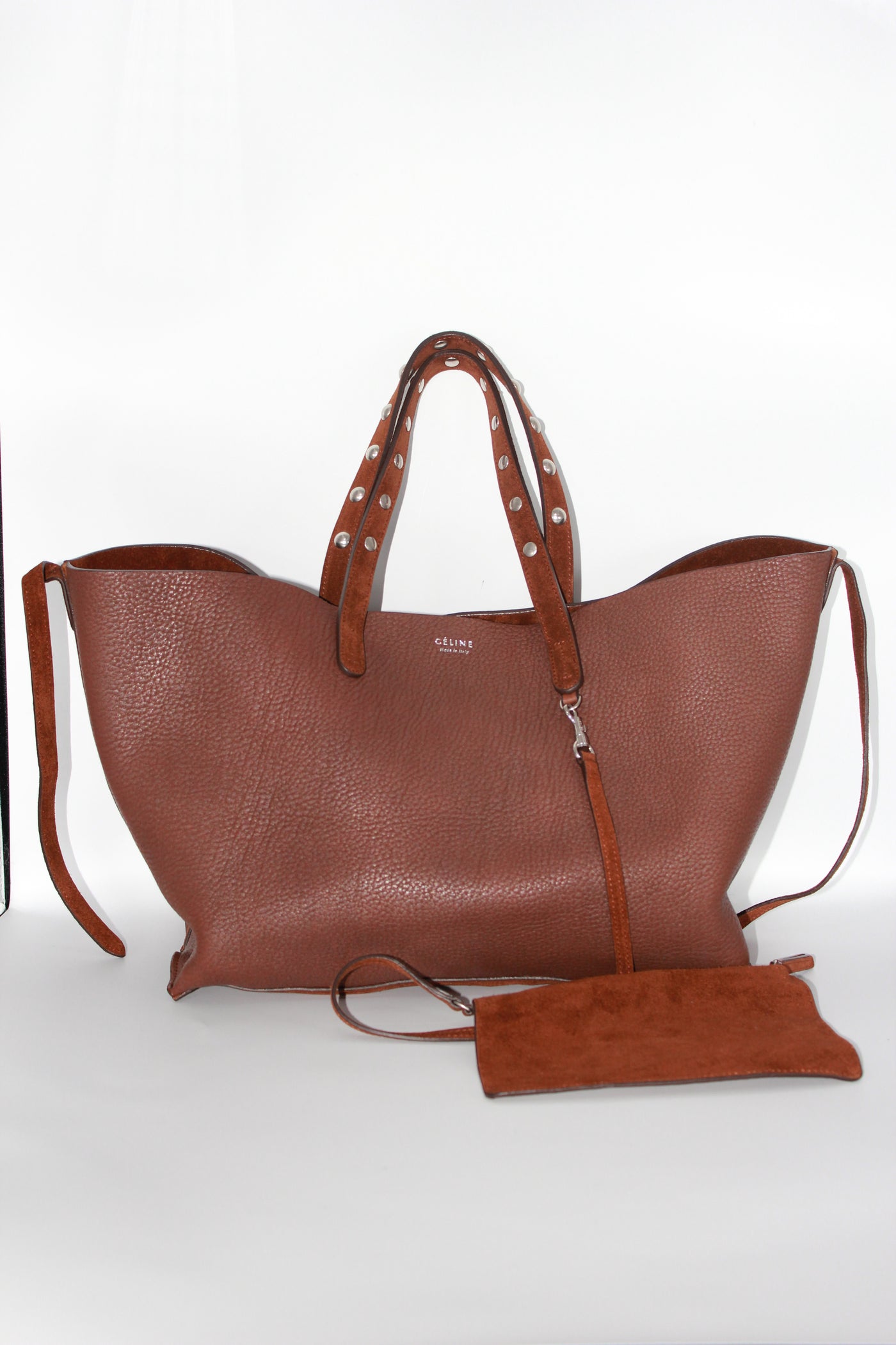 CELINE reversible suede leather tote handbag with pouch