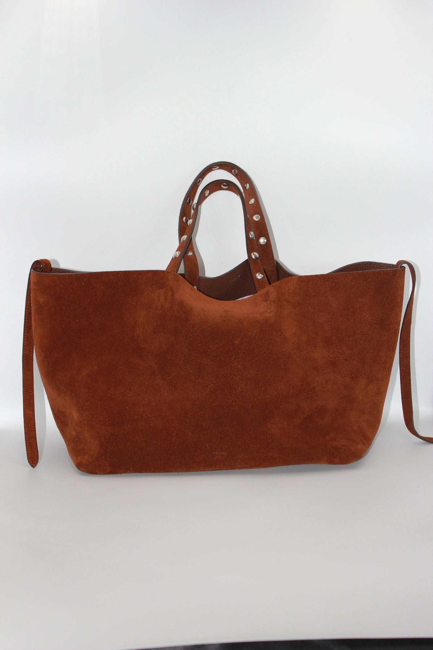 CELINE reversible suede leather tote handbag with pouch