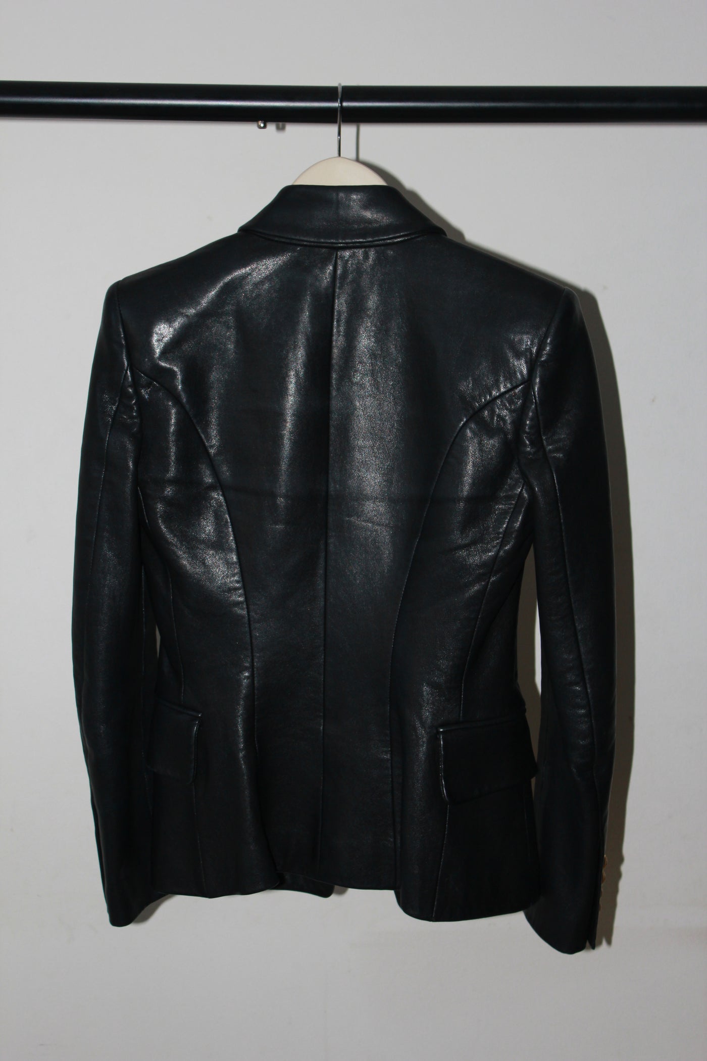 BALMAIN Black Leather Double-breasted Gold buttons blazer size 36 RRP: £3195