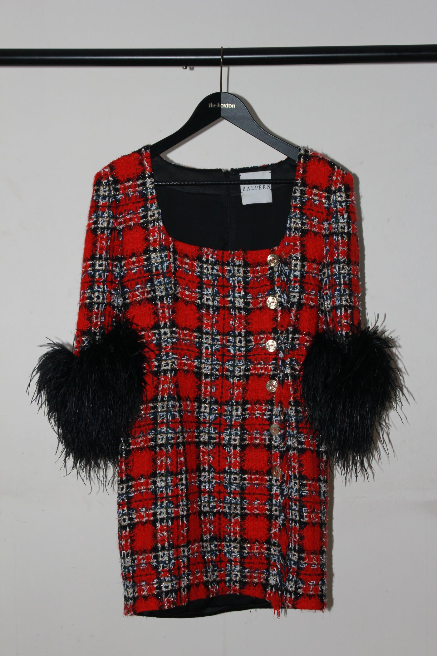 HALPERN tweed red dress with ostrich feathers size 42