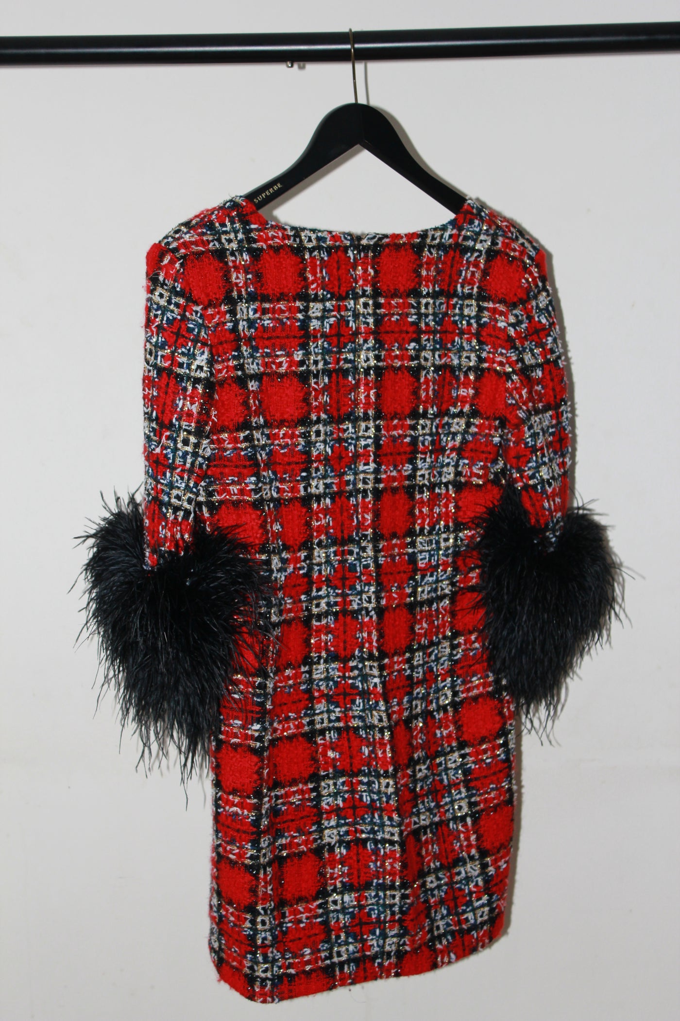 HALPERN tweed red dress with ostrich feathers size 42