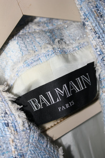 BALMAIN baby blue white tweed embellished blazer size 38 RRP: £2500