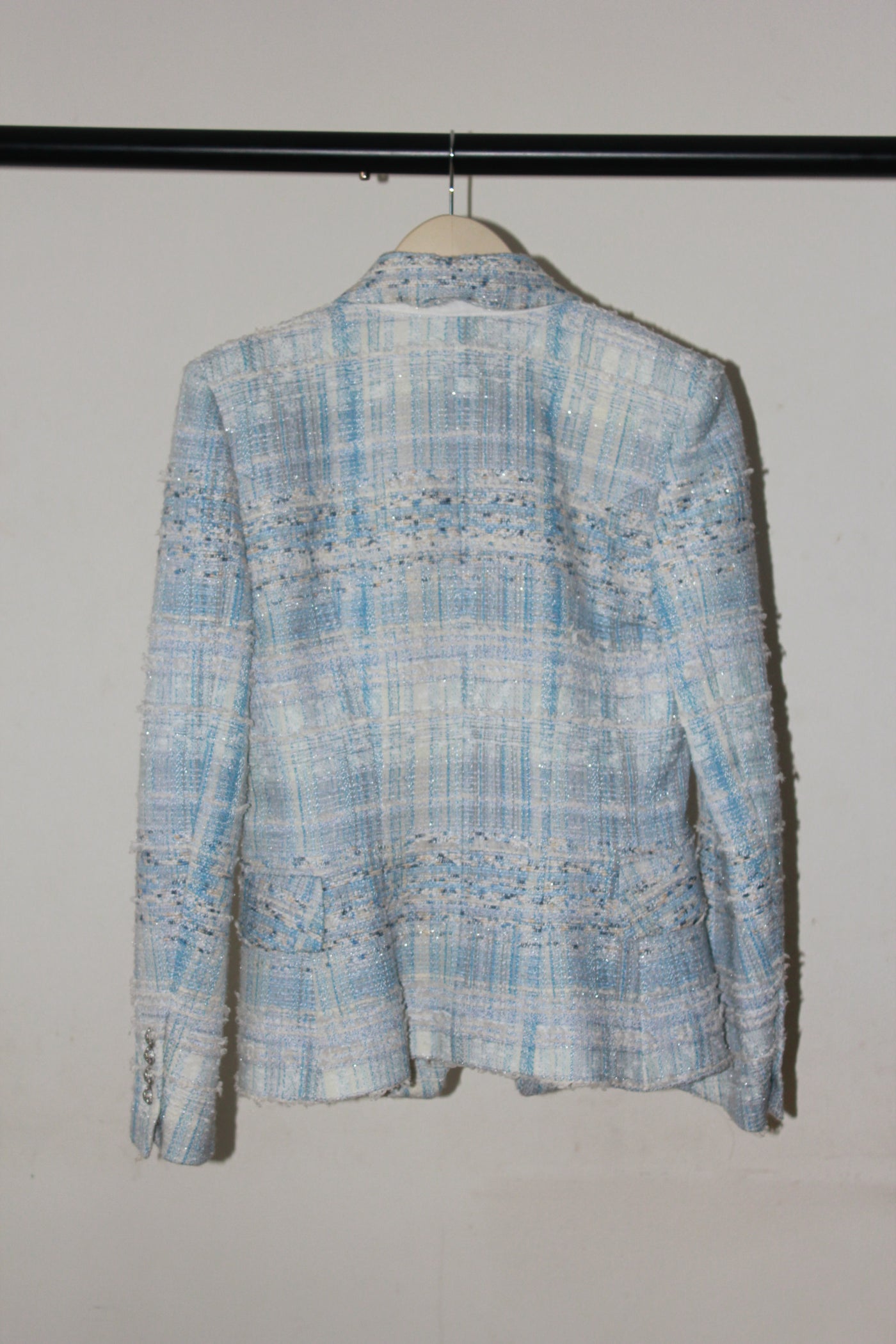 BALMAIN baby blue white tweed embellished blazer size 38 RRP: £2500