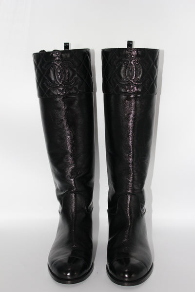 CHANEL black leather CC boots