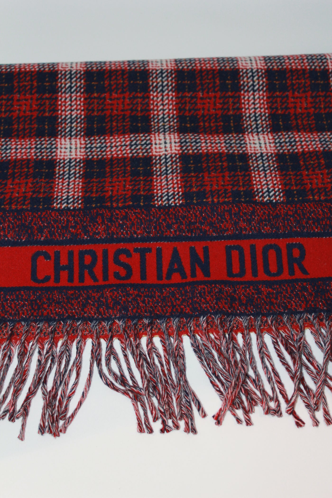 DIOR large wool checkered scarf with fringes