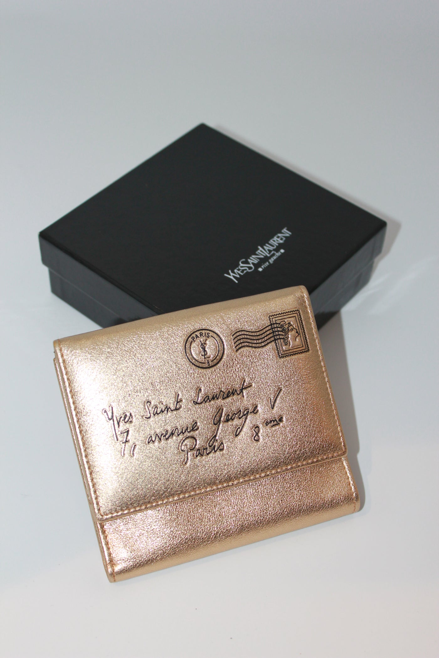 Yves Saint Laurent vintage gold postcard wallet with box