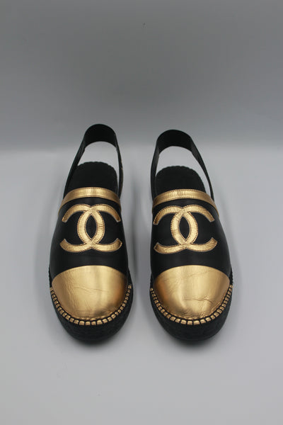 CHANEL 2019 black and gold sling back espadrilles size 40 new full set