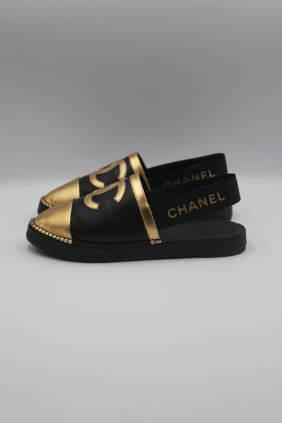 CHANEL 2019 black and gold sling back espadrilles size 40 new full set