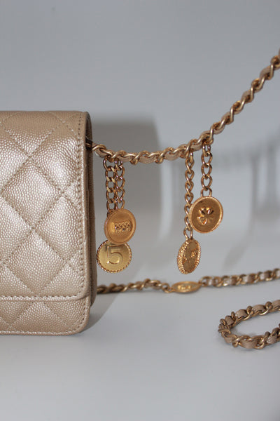 CHANEL gold caviar charm wallet on chain limited edition 2023 new full set