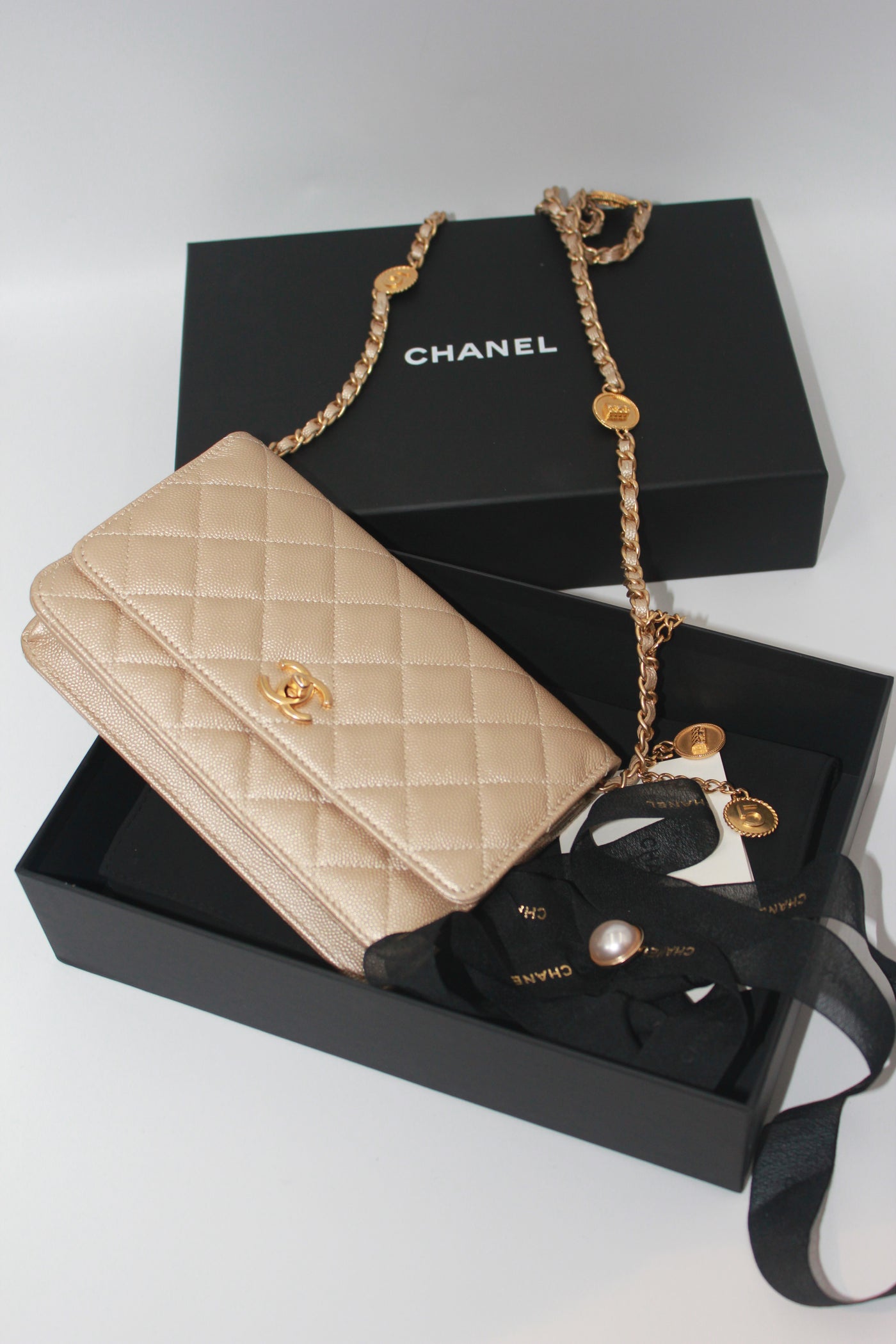 CHANEL gold caviar charm wallet on chain limited edition 2023 new full set