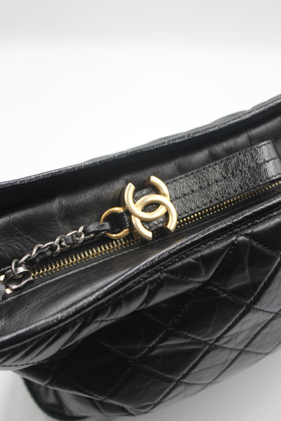 CHANEL Gabrielle black calfskin leather handbag with ruthenium ,silver and gold hardware